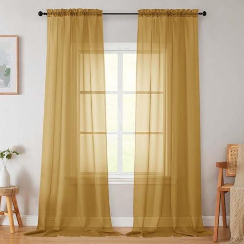 Gold Sheer Curtains for Bedroom Living Room 96 Inches Long 2 Panels (Gold / 42"W x 96"L (Pack of 2))