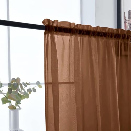 Brown Sheer Curtains 4 Panels Rod Pocket Semi (Brown / 52"W x 90"L (Pack of 4))