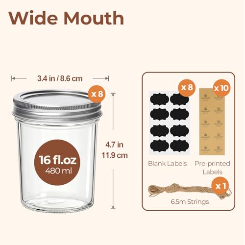 16 oz Wide Mouth Mason Jars Bulk Set (16 fl oz x 8 - Wide Mouth)