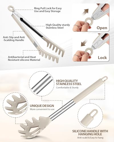 Silicone Spaghetti Spoon and Pasta Tong (Khaki)