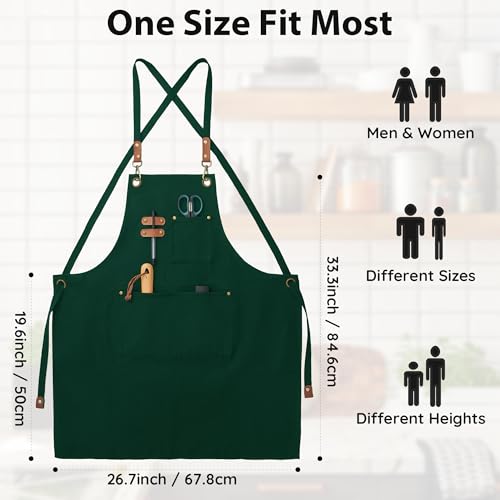 Chef Canvas Aprons with 3 Large Pockets Adjustable Strap for Men Women (Green)