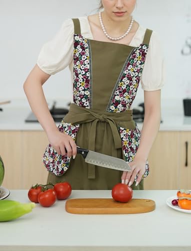 Kitchen Aprons for Women with Pockets Cute Floral Chef Pinafore Apron for Gardening Cooking Baking Painting (Army Green)