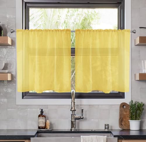 Solid Sheer Rod Pocket Curtain Voile Draperies 2 Panels White Beige Black Ivory Coffee 26 Inch Width 40 Inch Long 1 Pair for Kitchen Bedroom Children Living Room Yard (Yellow / 26"W x 40"L (Pack of 2))