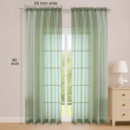 Sage Green Sheer Curtains 90 Inch Long 2 Panels for Bedroom 59" Wide (Sage Green / 59"W x 90"L (Pack of 2))