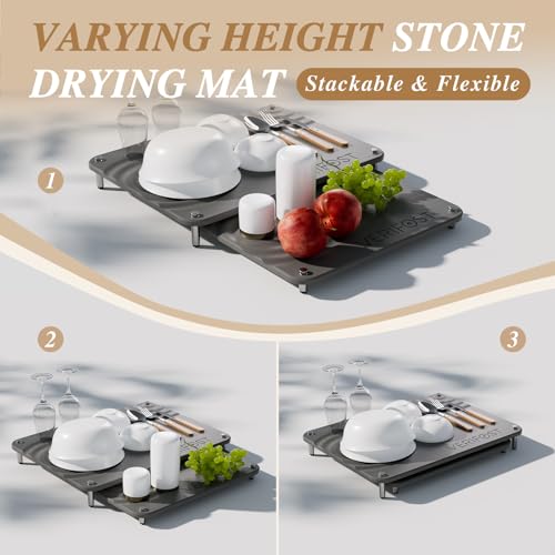 2 Pcs Large Gray Stone Dish Drying Mat with Acacia Wood Holder Stand for 1 Inch Cutting Board and Fast Stone Drying Mat for Kitchen Counter with Non (Acacia Holder Midnight Gray)