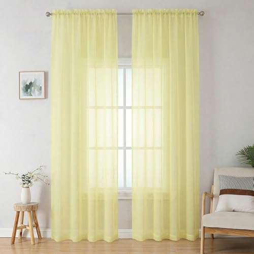 Sheer Curtains 90 inches Long 2 Panels Set for Living Room (Light Yellow / 42"W x 90"L (Pack of 2))