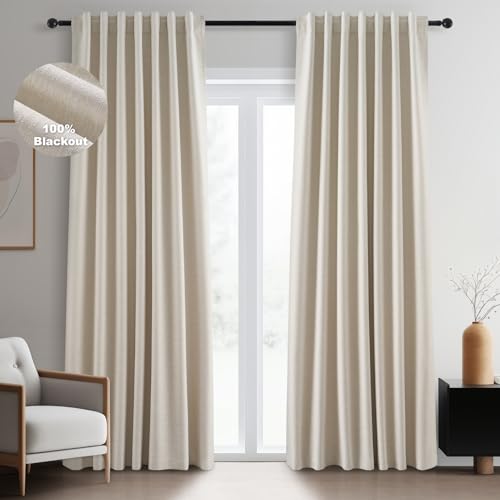 105 Inch Linen Blackout Curtains for Living Room (Beige / 52"W x 105"L (Pack of 2))