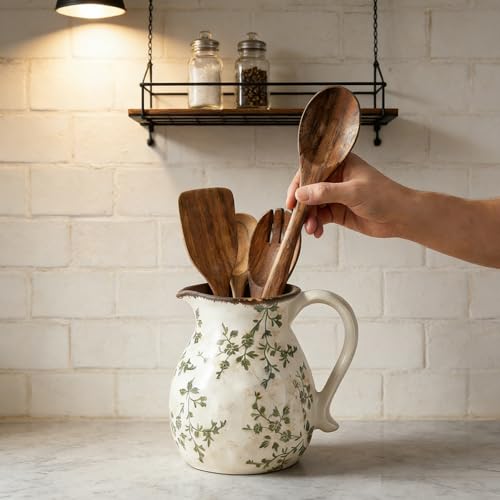 Rustic Ceramic Utensil Holder (green rattan)