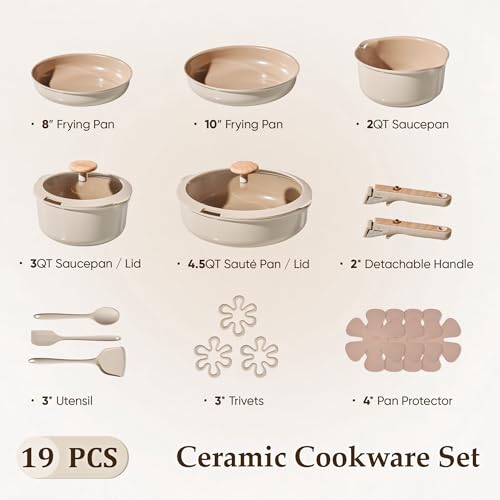 Ceramic Pots and Pans Set (Beech Wood White / 19 Piece)