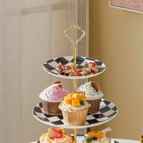 3 Tier Checkered Ceramic Cupcake Stand (Black)