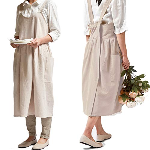Japanese Cotton Cross Back Pinafore Apron for Women with Pockets Beige (08 - Beige Without Waist Ties)