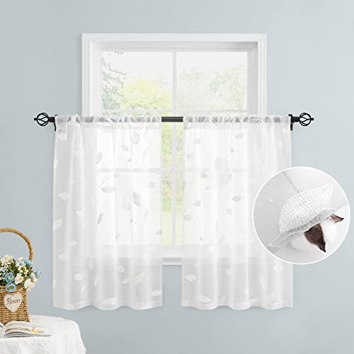 White Kitchen Sheer Tier Curtains Leaf Embroidered (30"W x 36"L (Pack of 2) / 4-white)