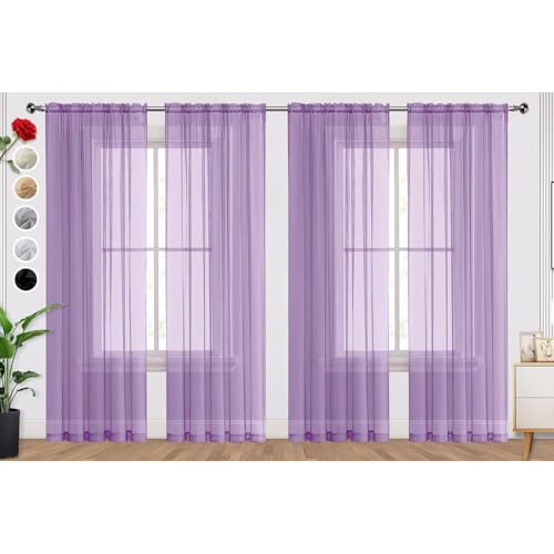 Lavender Sheer Curtains 4 Panels Rod Pocket Semi (Lavender / 52"W x 54"L (Pack of 4))