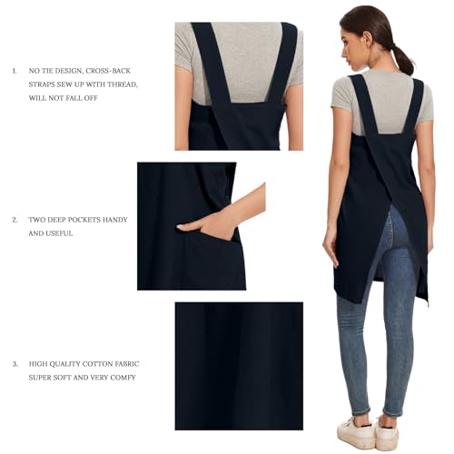 Women Apron with 2 Pockets Cotton Linen Kitchen Baking Cooking Chef Cross Back Pinafore Dress for Work Restaurant Gardening (X-Large / Tibetan Blue)