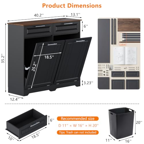 Double 10 Gallon Tilt Out Trash Can Cabinet with Deodorizing Function and Power Outlet (Black / 13.11"D x 40.16"W x 35.2"H(Double))