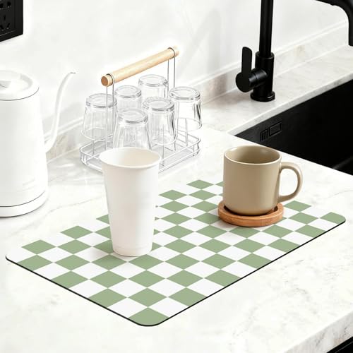 Checkered Dish Mat for Kitchen Coffee Station (Sage / 16" x 24")