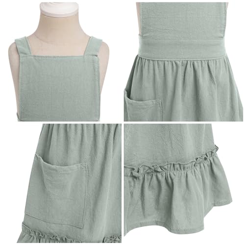 Womens Baking Apron Cute Dress for Women Frill Cross Back Cotton Linen Japanese Apron With Pockets Maid Pinafore Apron Housewife Garden Cooking Pottery Pinafore Apron Sage Green Adult 6 (Sage Green Kids / 6-10 Years)