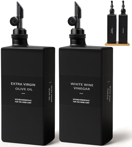 Olive Oil Dispenser Bottle for Kitchen with Bamboo Tray (Black / 16.9oz, Set of 2)