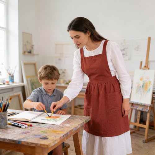 Linen Cotton Pinafore Apron Dress for Women with Pockets (Brick Red)