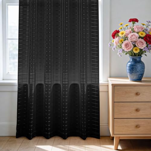 Check Sheer Curtains 45 Inches Long for Living Room (Check - Black / 52"W x 45"L (Pack of 2))