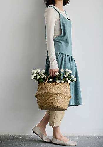 Japanese Cotton Cross Back Pinafore Apron for Women with Pockets Turquoise (09 - Turquoise With Waist Ties)