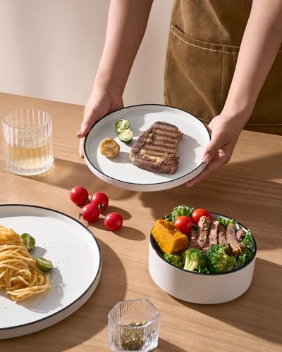 Nebula 24 Piece Stoneware Dinnerware Set with Pasta Bowls (White with Black Rim / Service for 6 (Include Pasta Bowls))