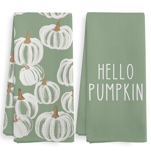 Fall Hello Pumpkin Farmhouse Kitchen Towels and Dishcloths Sets of 2 (Green Pumpkin)