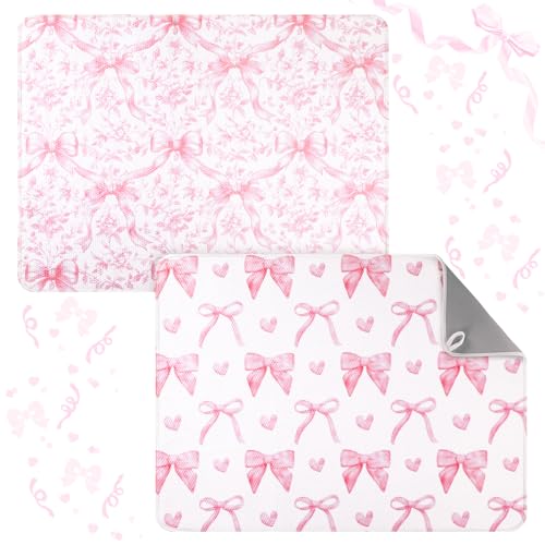 2 Pcs Pink Bow Dish Drying Mats for Kitchen Counter 18 x 24 Inch (Pink Bow)