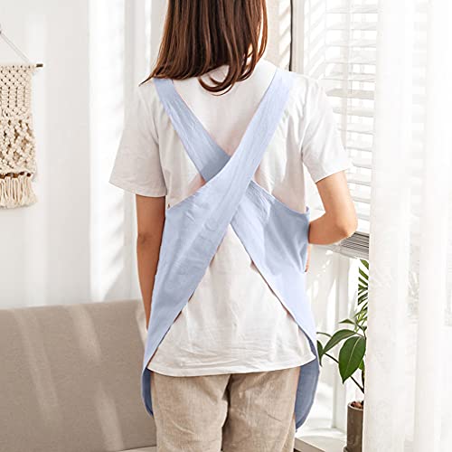 Cotton Cross Back Aprons Solid Color Cooking Kitchen Garden Smock for Women Girls with Pockets (Blue / 37W x 32L)