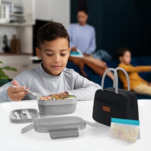 Leakproof Bento Box & Insulated Lunch Bag Set for School & Work (Black)