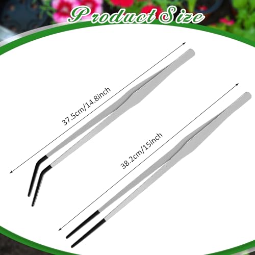 2 Pcs Extra Long Stainless Steel Reptile Feeding Tongs with Rubber Tip 15 Inch Bearded Dragon Aquarium Straight and Curved Long Tweezer Terrarium Feeder Tool for Tank (Silver / 15 Inch)