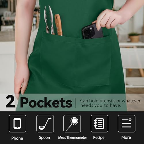 2 Pack Kitchen Aprons with 2 Pockets for Women Men (Green)