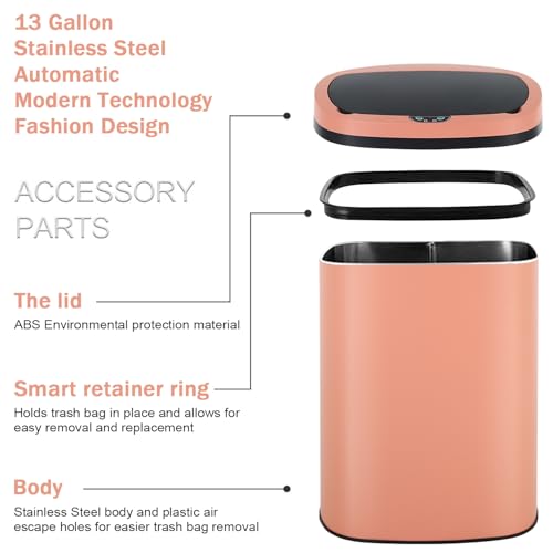 13 Gallon Stainless Steel Trash Can Automatic Trash Can Garbage Can Bathroom Garbage Can with Lid for Kitchen Living Room Office Bathroom (Pink)