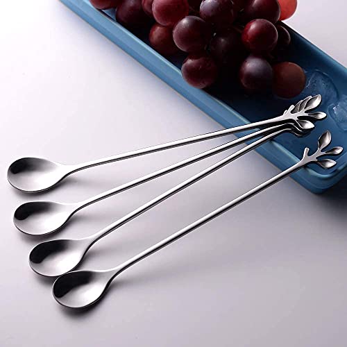 6 Piece Elegant Silver Leaf Long Handle Teaspoons (Silver)
