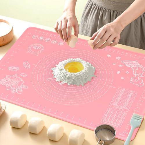 Silicone Pastry Mat 28" x 20" Extra Thick Non Stick Baking Mat with Measurements and Edge Heightening (Pink / 28"L x 20"W)