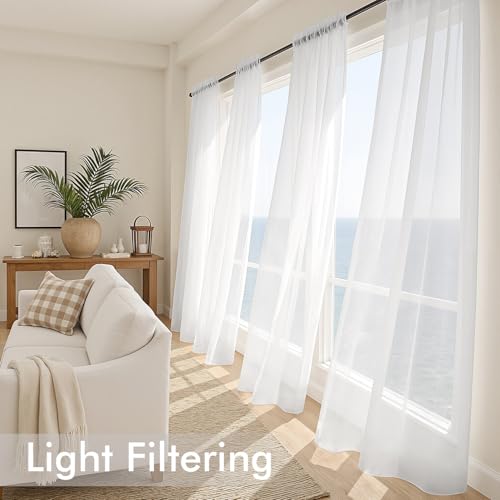White Sheer Curtains 96 Inches Long 4 Panels 42 x 96 Inches (42"W x 96"L (Pack of 4) / White)