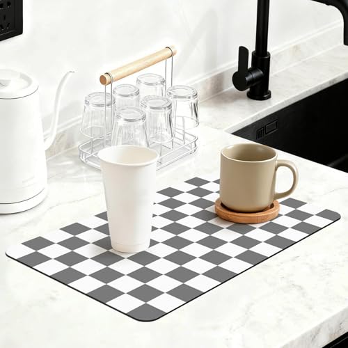 Checkered Dish Mat for Kitchen Coffee Station (Grey / 16" x 24")