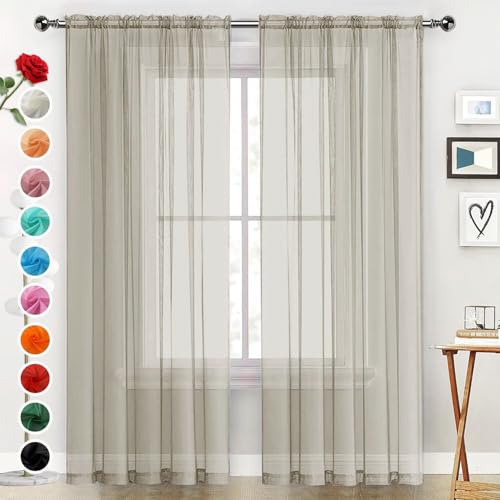 Basic Rod Pocket Sheer Voile Window Curtain Panels Ancient Grey 1 Pair 2 Panels 52 Width 45 Inch Long for Kitchen Bedroom Children Living Room Yard（Ancient Grey (Ancient Grey / 52"W x 45"L (Pack of 2))