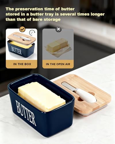 Butter Dish Ceramic with Lid and Knife for Countertop (Blue)