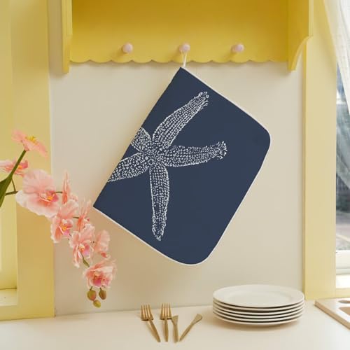 Coastal Beach Dish Drying Mat 18 x 24 inch (18" x 18" / Navy Blue Starfish)
