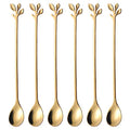 6 Piece Elegant Gold Leaf Long Handle Teaspoons (Gold)