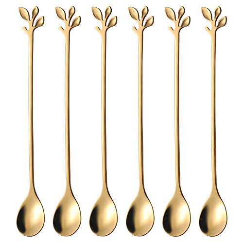 6 Piece Elegant Gold Leaf Long Handle Teaspoons (Gold)