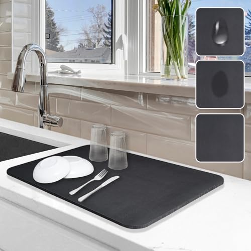 Dish Drying Mat for Kitchen Counter (Black Solid / 12" x 19")