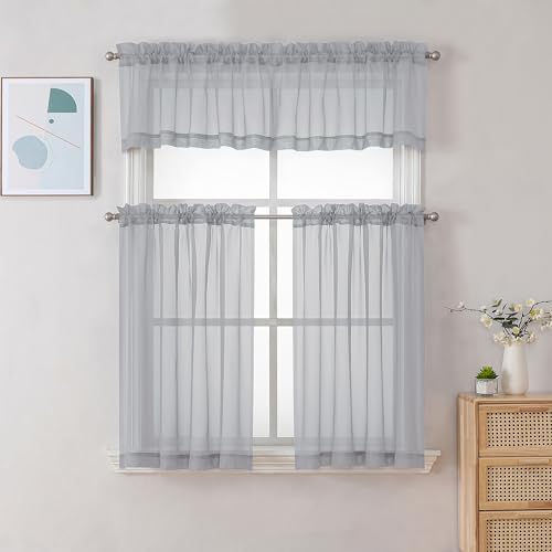Light Grey Sheer Curtains 30 inch Length 2 Panels (Light Grey / 42"W x 30"L (Pack of 2))