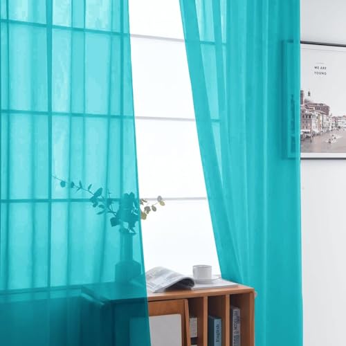 Sheer Voile Window Treatment Rod Pocket Curtain Panels for Kitchen Bedroom Living Room Drapes Sunlight Filtering Privacy Semi Home Decor Assorted (Peacock Blue / 52"W x 54"L (Pack of 2))