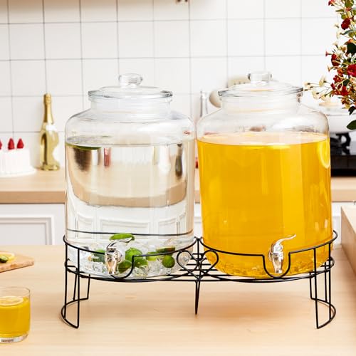 2 Pack 4 Gallon Glass Drink Dispenser for Parties Large Glass Beverage Dispenser with Stand and Spigot Leakproof Water Storage Lemonade Juice Jar Mason with Lids for Wedding Parties Kitchen (4 Gallon)
