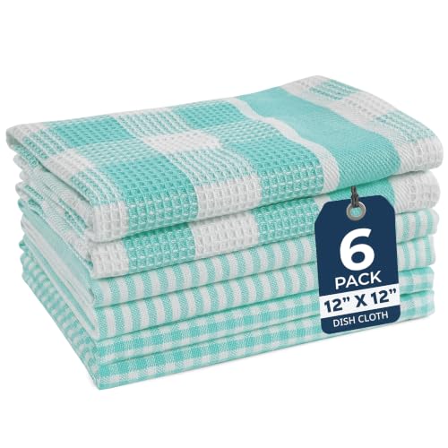 Premium Cotton Kitchen Dish Towels (12"x12" - 6 Pack / Aqua)