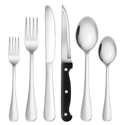 24 Piece Silver Silverware Set with Steak Knives Black Stainless Steel Flatware Set for 4 Food Grade Tableware Cutlery Set Rust (24Pcs-B)