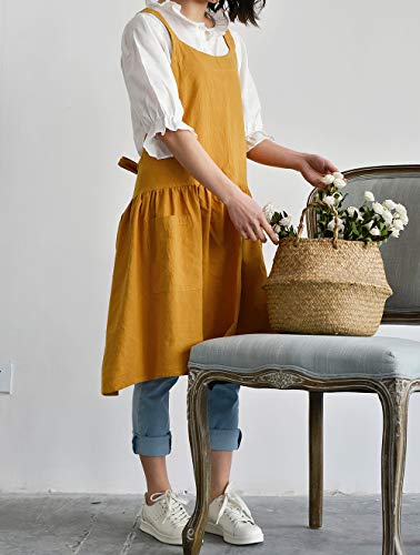 Japanese Cotton Cross Back Pinafore Apron for Women with Pockets Mustard (11 - Bright Yellow With Waist Ties)