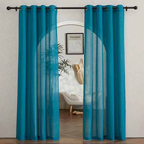 Semi Sheer Curtains Flax Linen Texture (52"W x 84"L (Pack of 2) / Peacock Green)